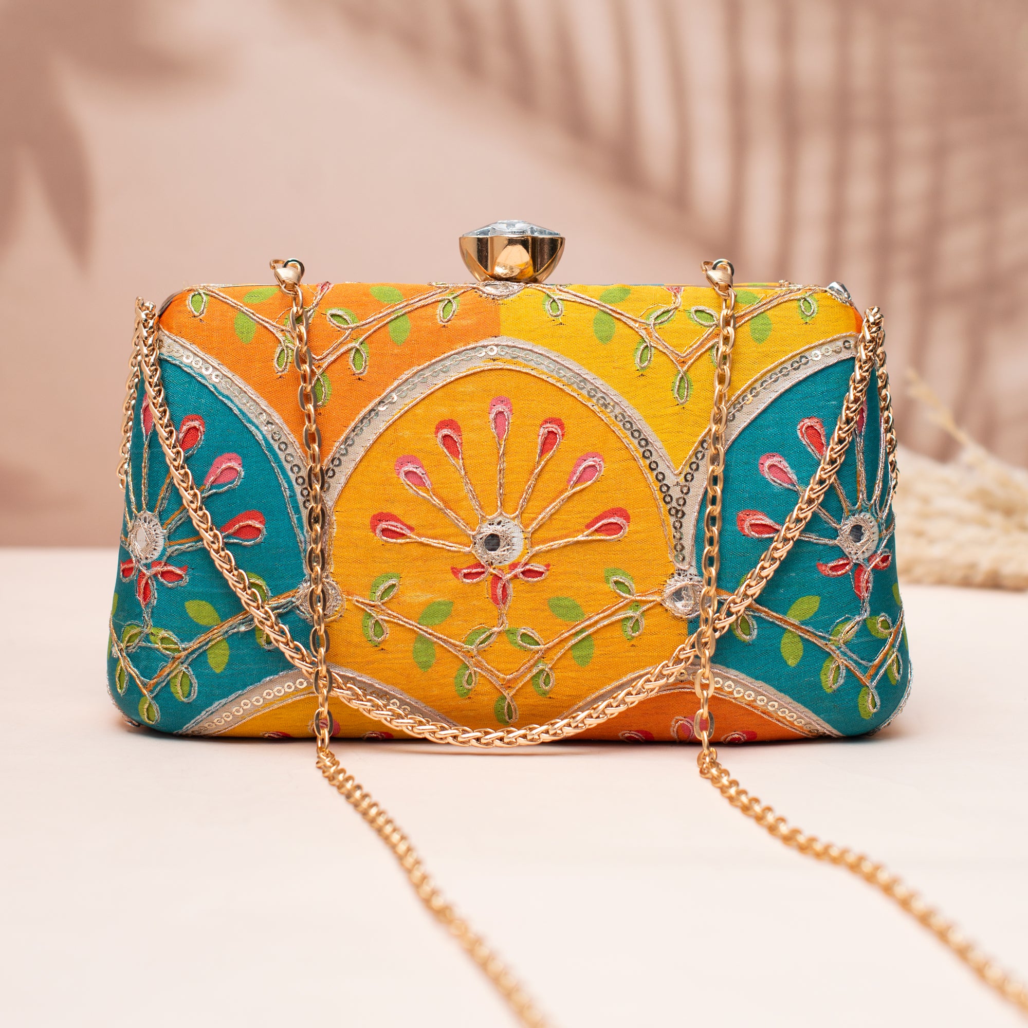 Artklim Yellow–Teal Floral Arch Clutch