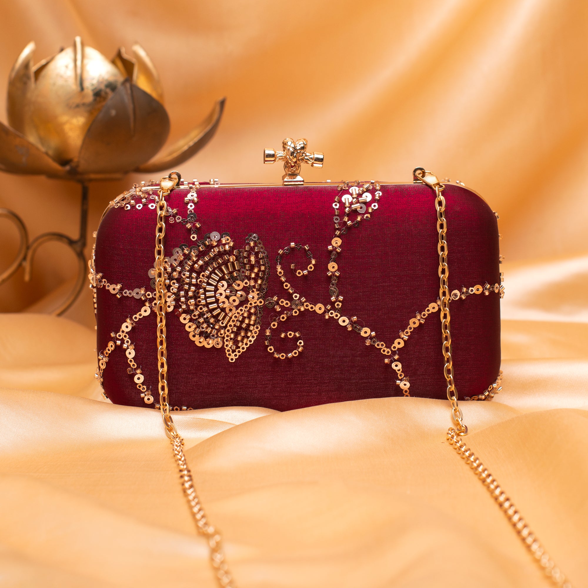 Artklim Royal Maroon Velvet Blossom Clutch