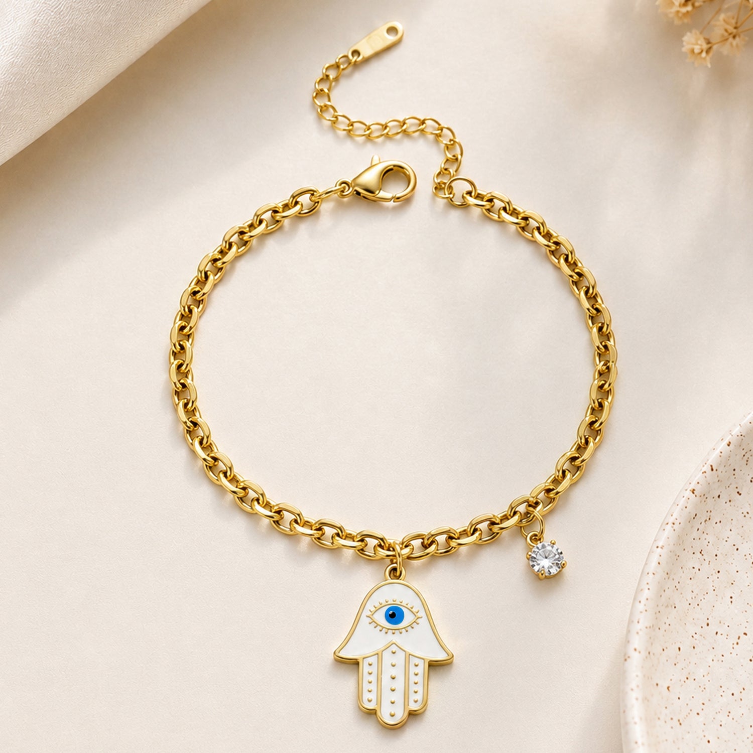 Artklim Hamsa Evil Eye Crystal Charm Gold-Tone Anti-Tarnish Bracelet