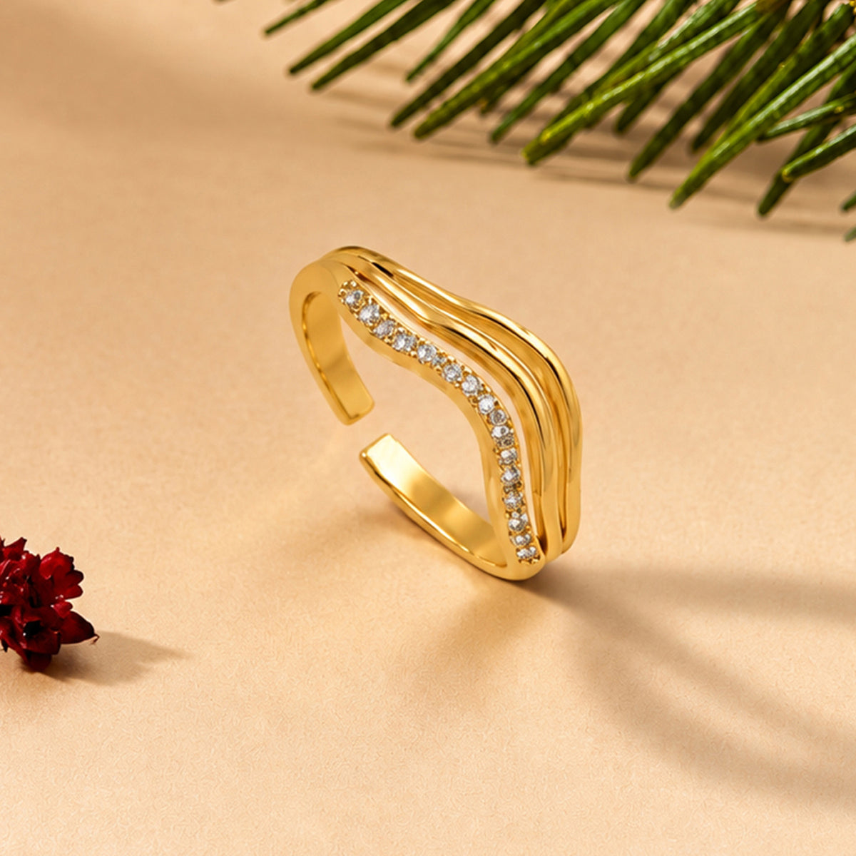 Artklim Modern Layered Wave Crystal Gold-Tone Anti-Tarnish Ring
