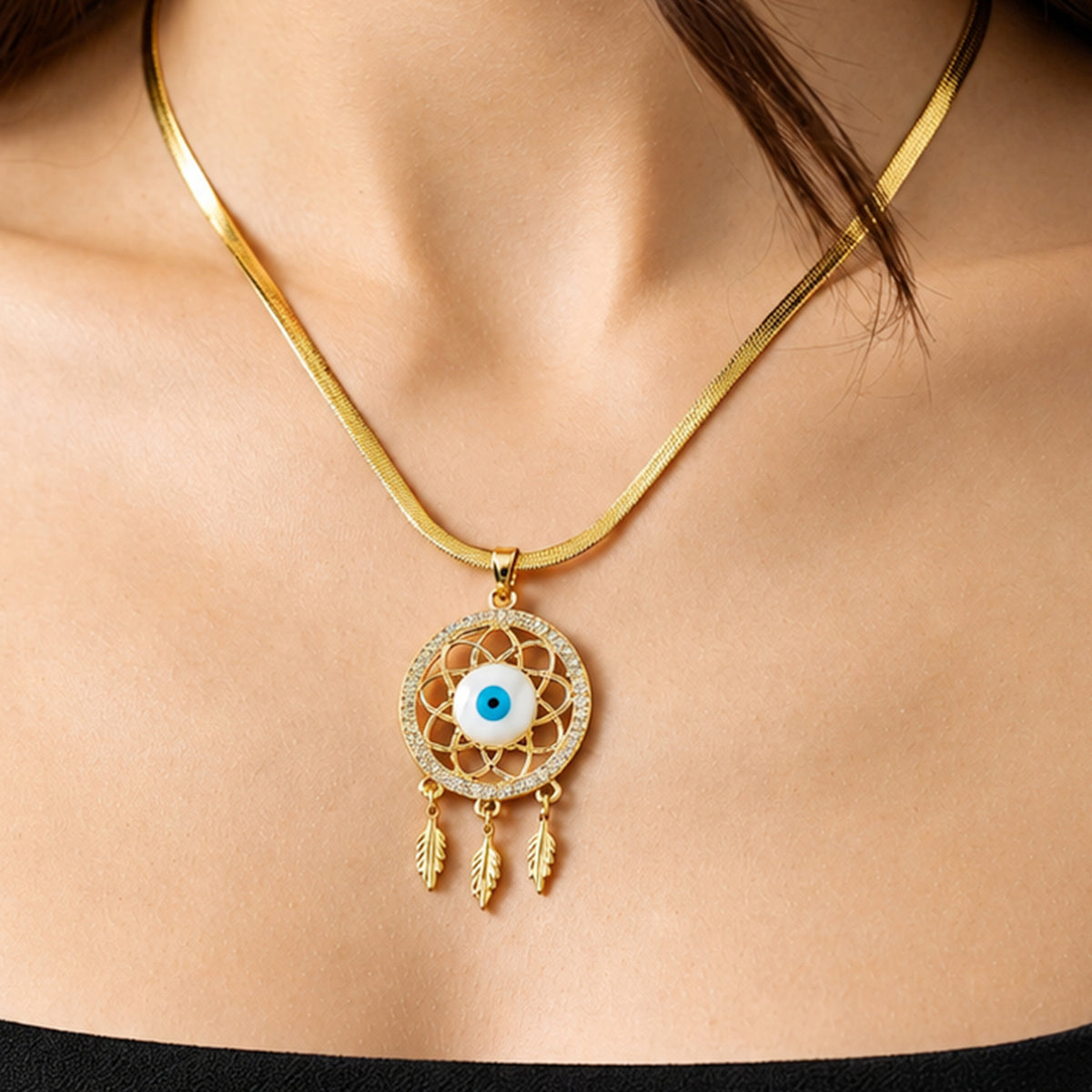 Artklim Elegant Evil Eye Dreamcatcher Crystal Anti-Tarnish Pendant Necklace