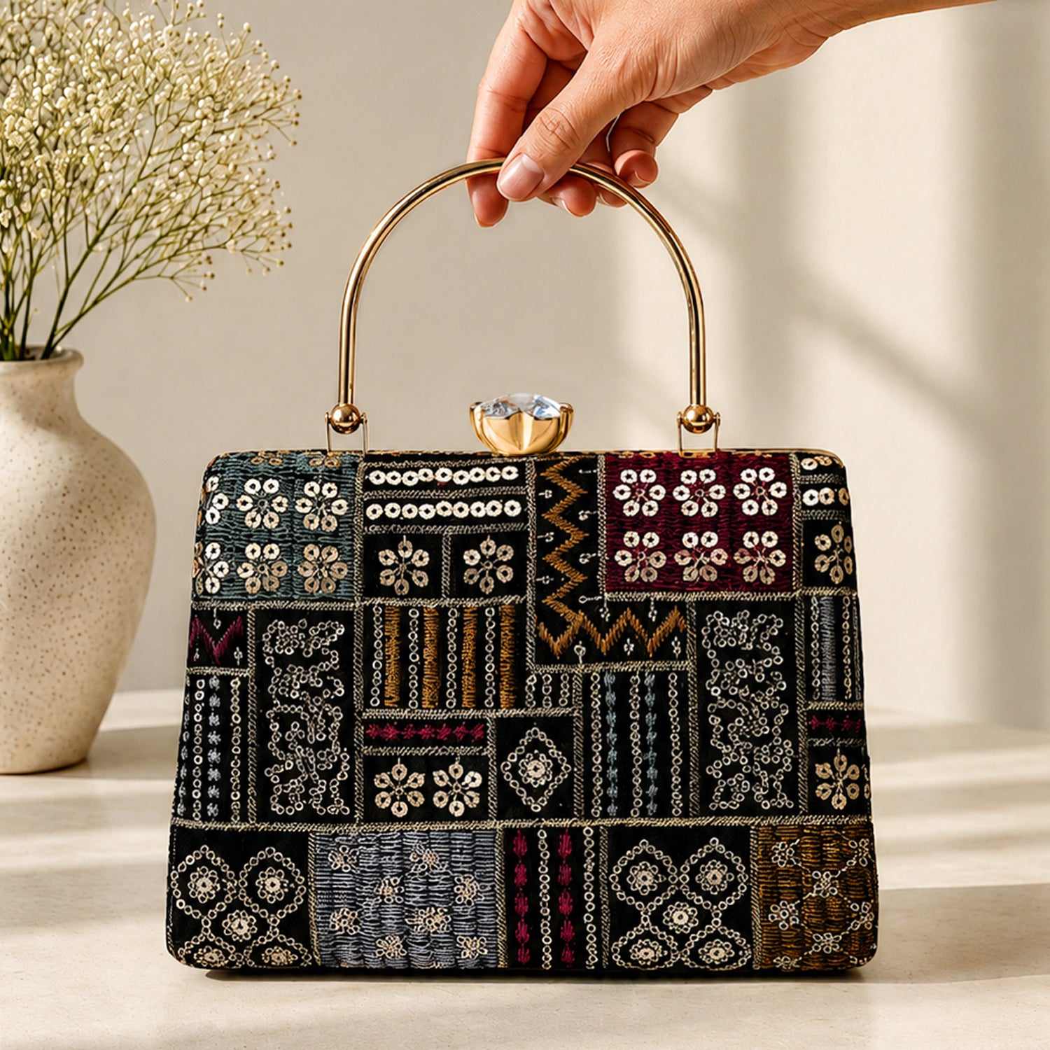 Artklim Black Vintage Patchwork Designer Embroidery Clutch