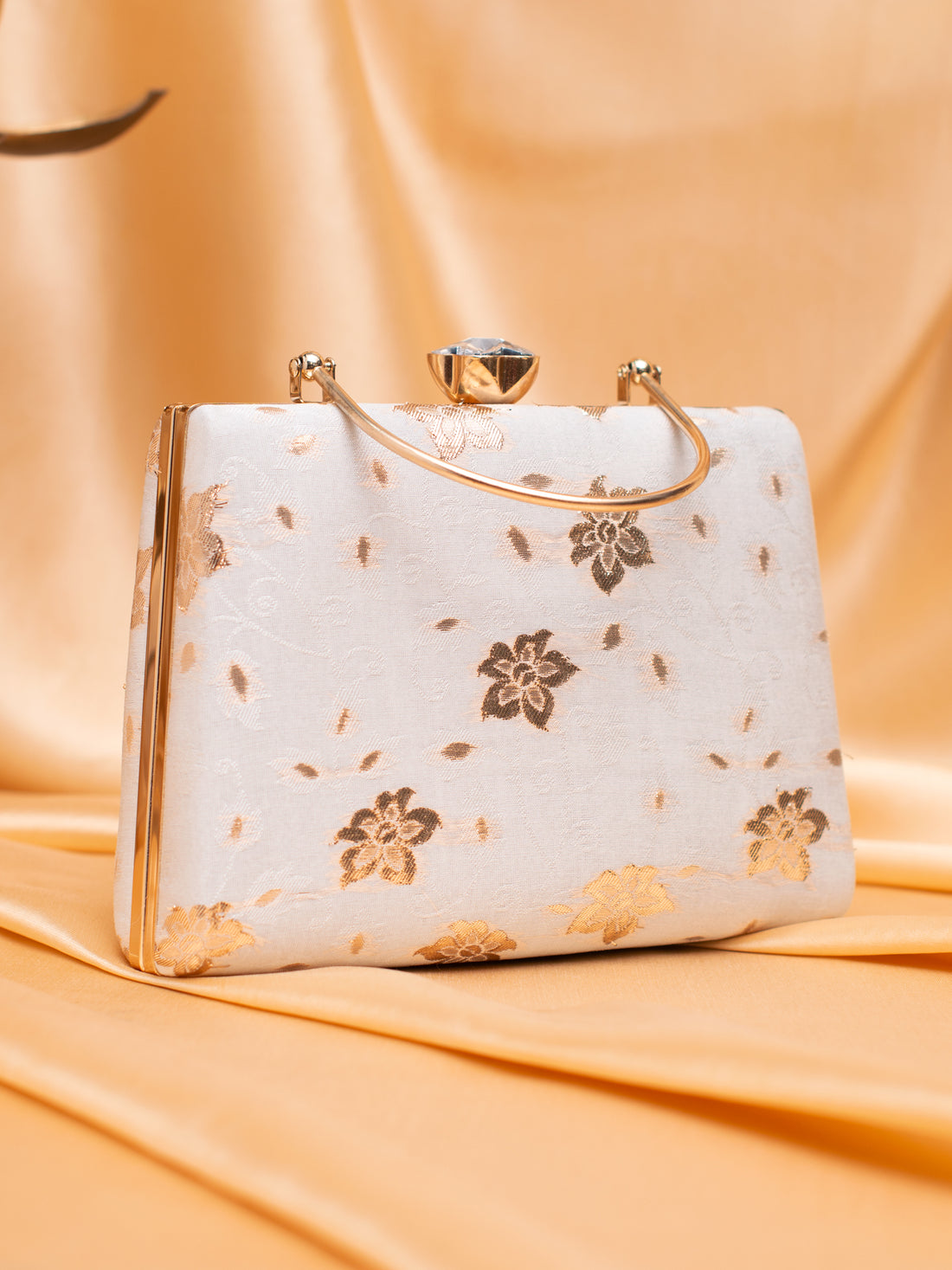Artklim Elegant Beige & Gold Floral Brocade Clutch