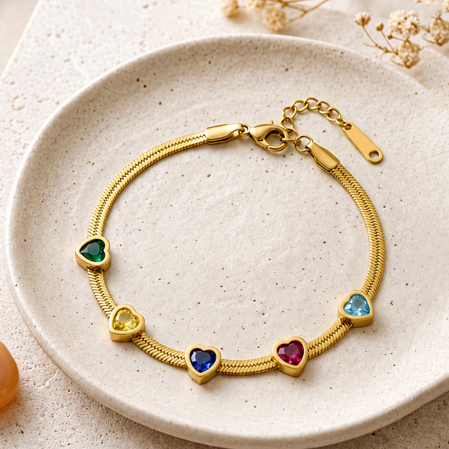 Artklim Rainbow Heart Crystal Snake Chain Gold-Tone Anti-Tarnish Bracelet
