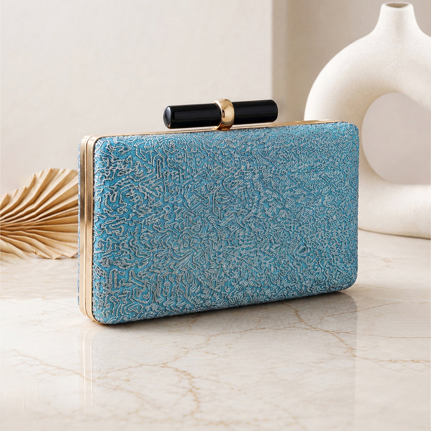 Artklim Blue Textured Embroidery Clutch