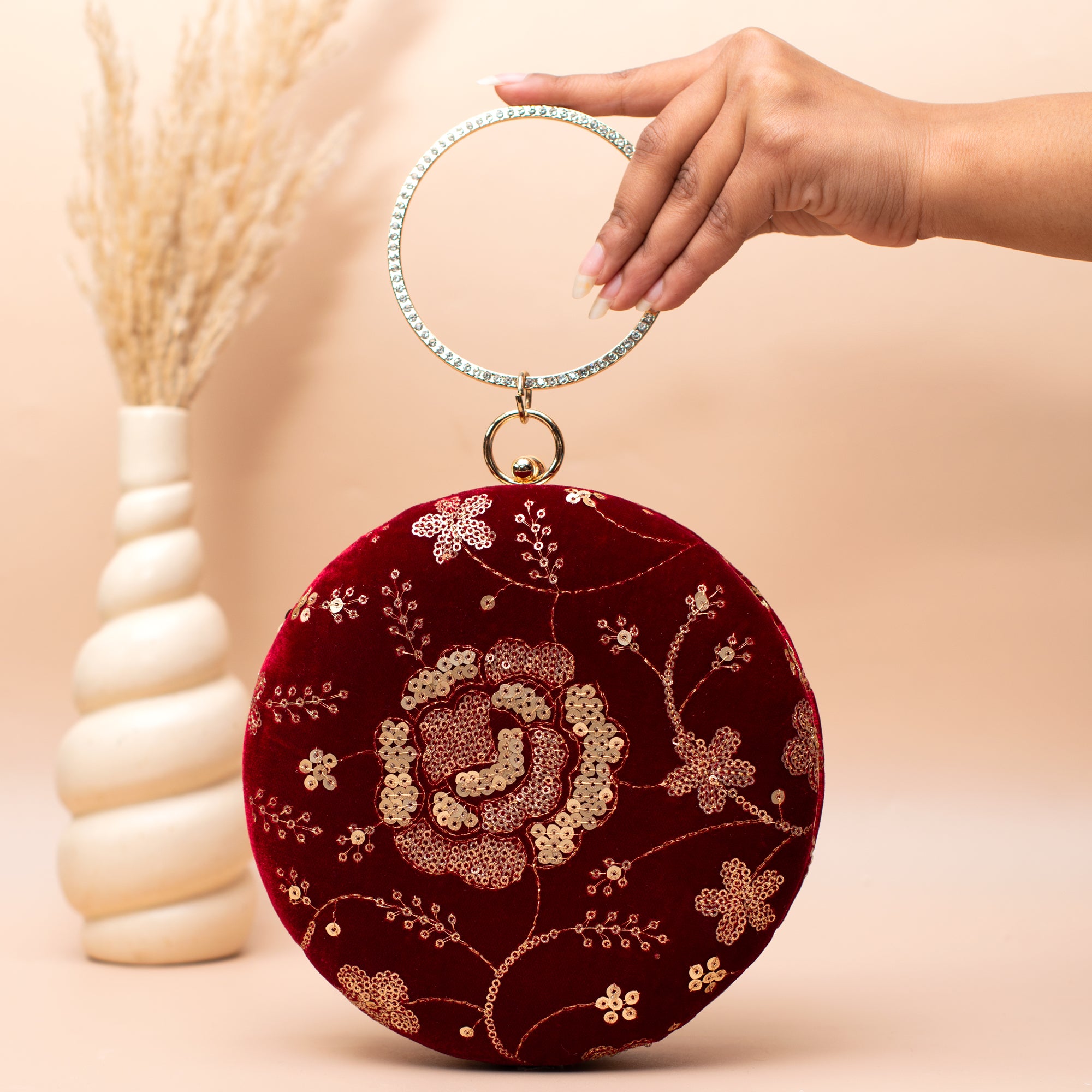 Artklim Wine Red Floral Sequin Embriodery Clutch