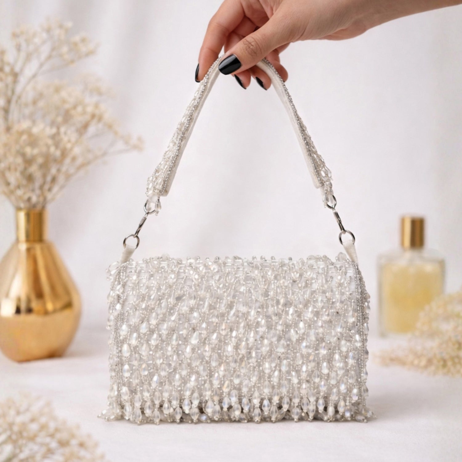 Artklim Crystal Pearl Fringe Clutch