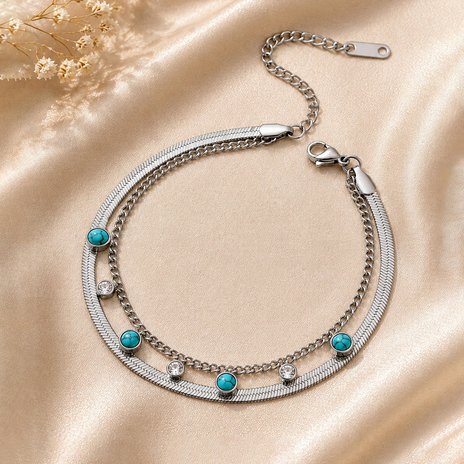 Artklim Turquoise Stone Double Silver Chain Anti-Tarnish Anklet
