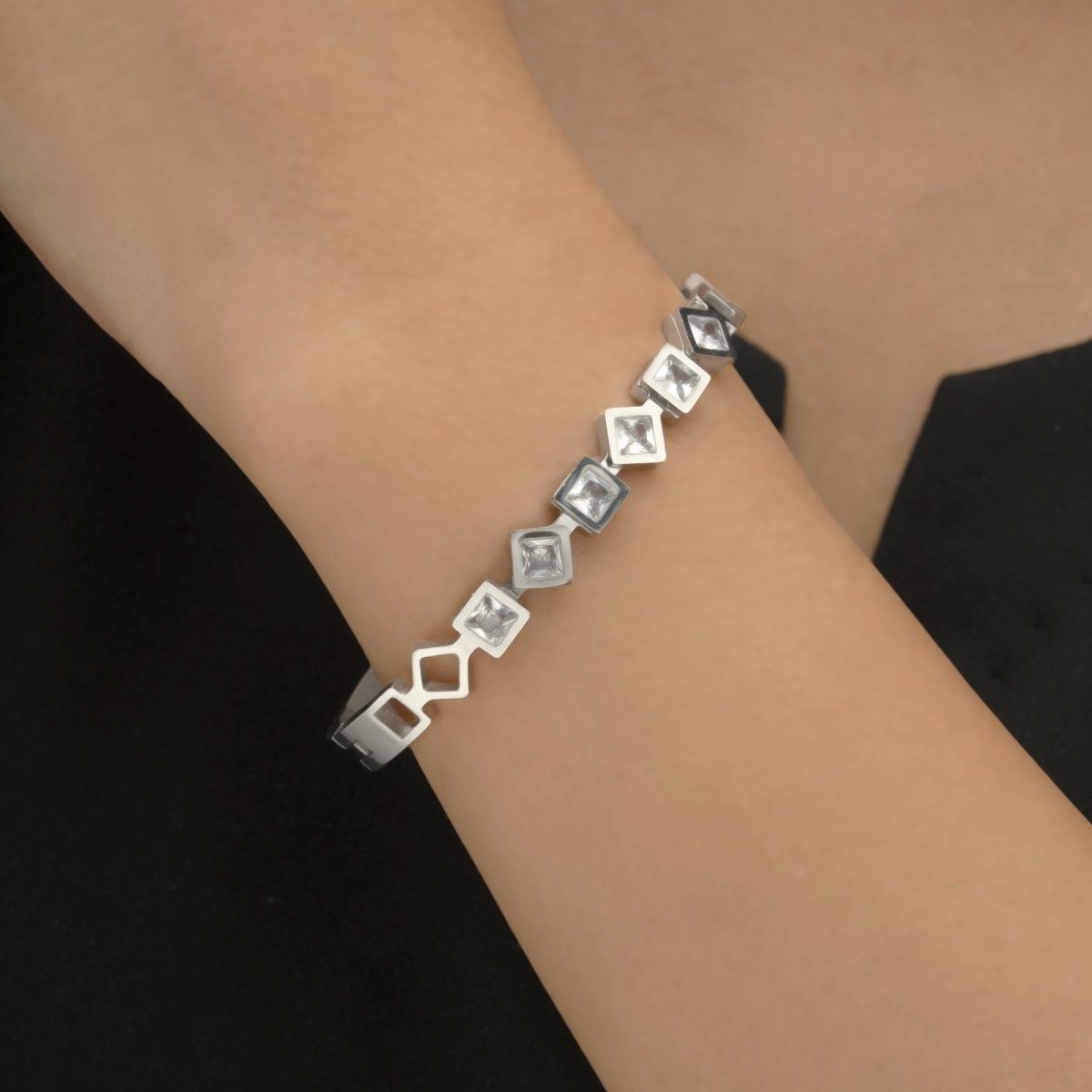 Artklim Silver Plated Geometric Shaped Studded Bangle Bracelet