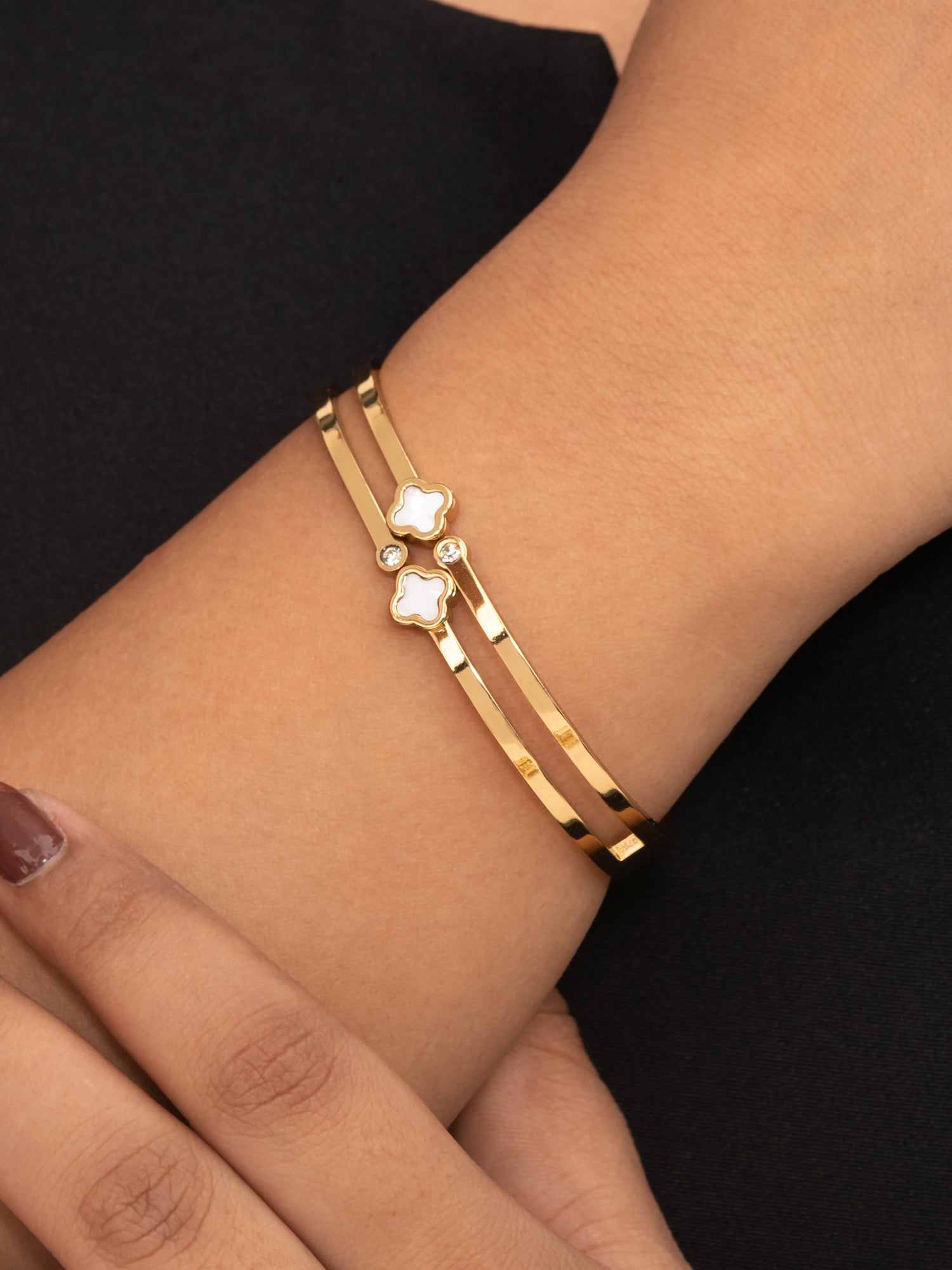 Artklim Gold Plated Anti Tarnish Golden Clover Cuff Bracelet