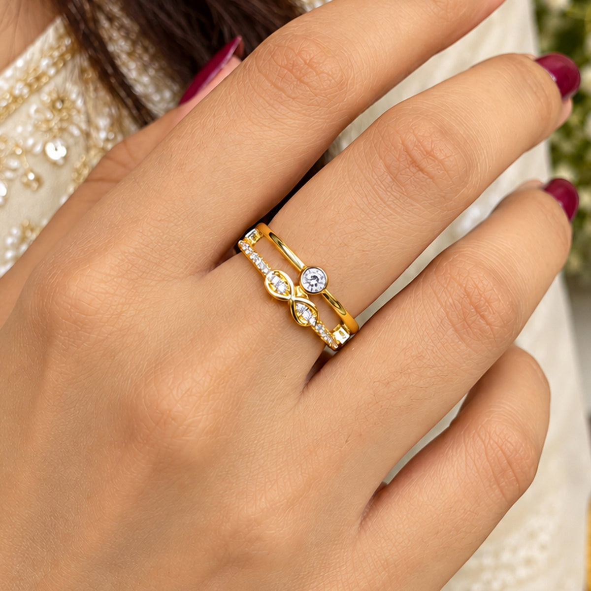 Artklim Elegant Double Band Crystal Gold-Tone Statement Anti-Tarnish Ring