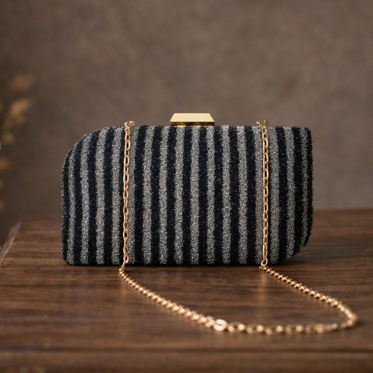 Artklim Black & Silver Striped Glitter Embroidery Clutch