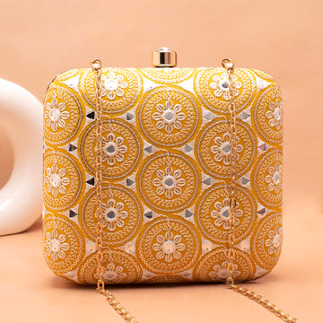 Artklim Yellow Based White Threadwork Embroidery Clutch