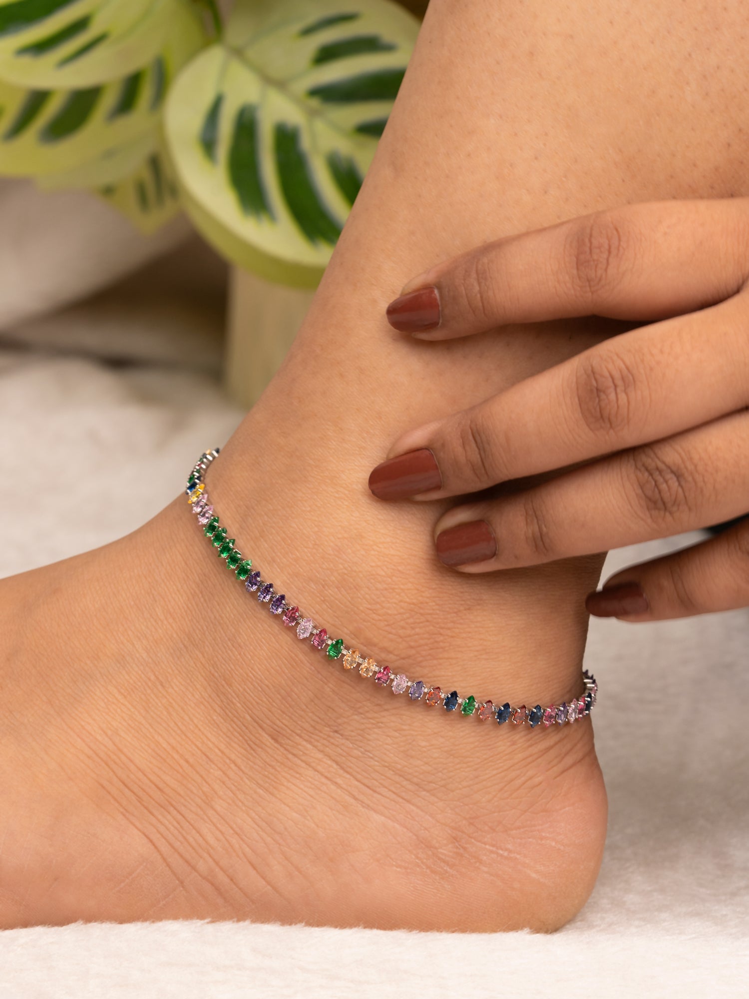 Artklim Silver-Toned Rainbow Crystal Anti Tarnish Anklet