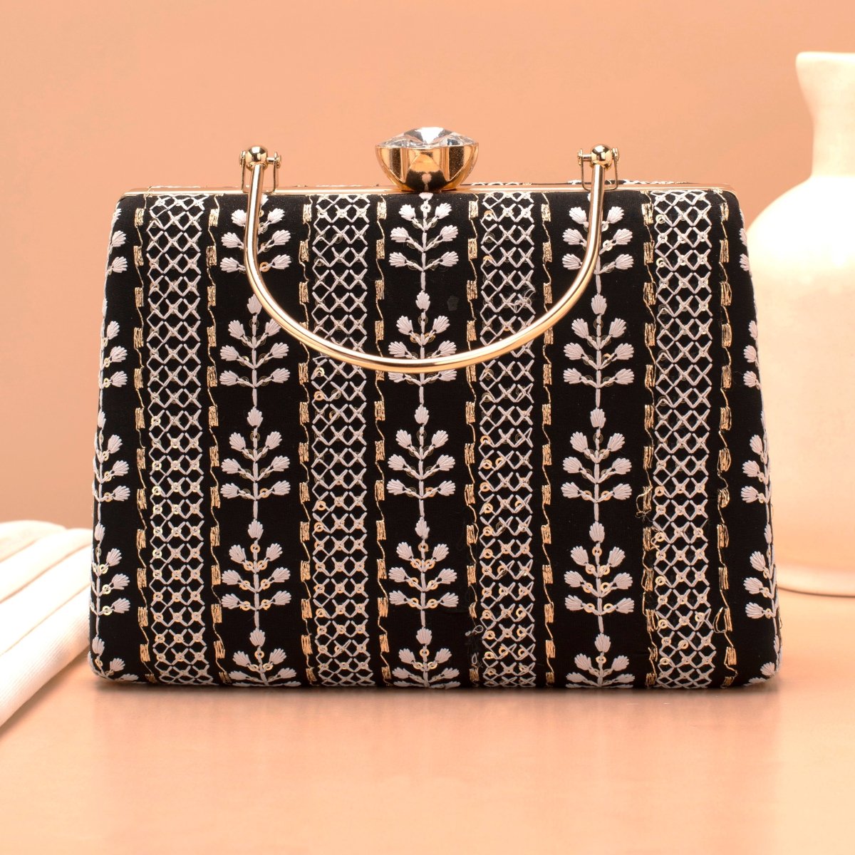 Artklim Black Base White Threadwork Embroidery Clutch