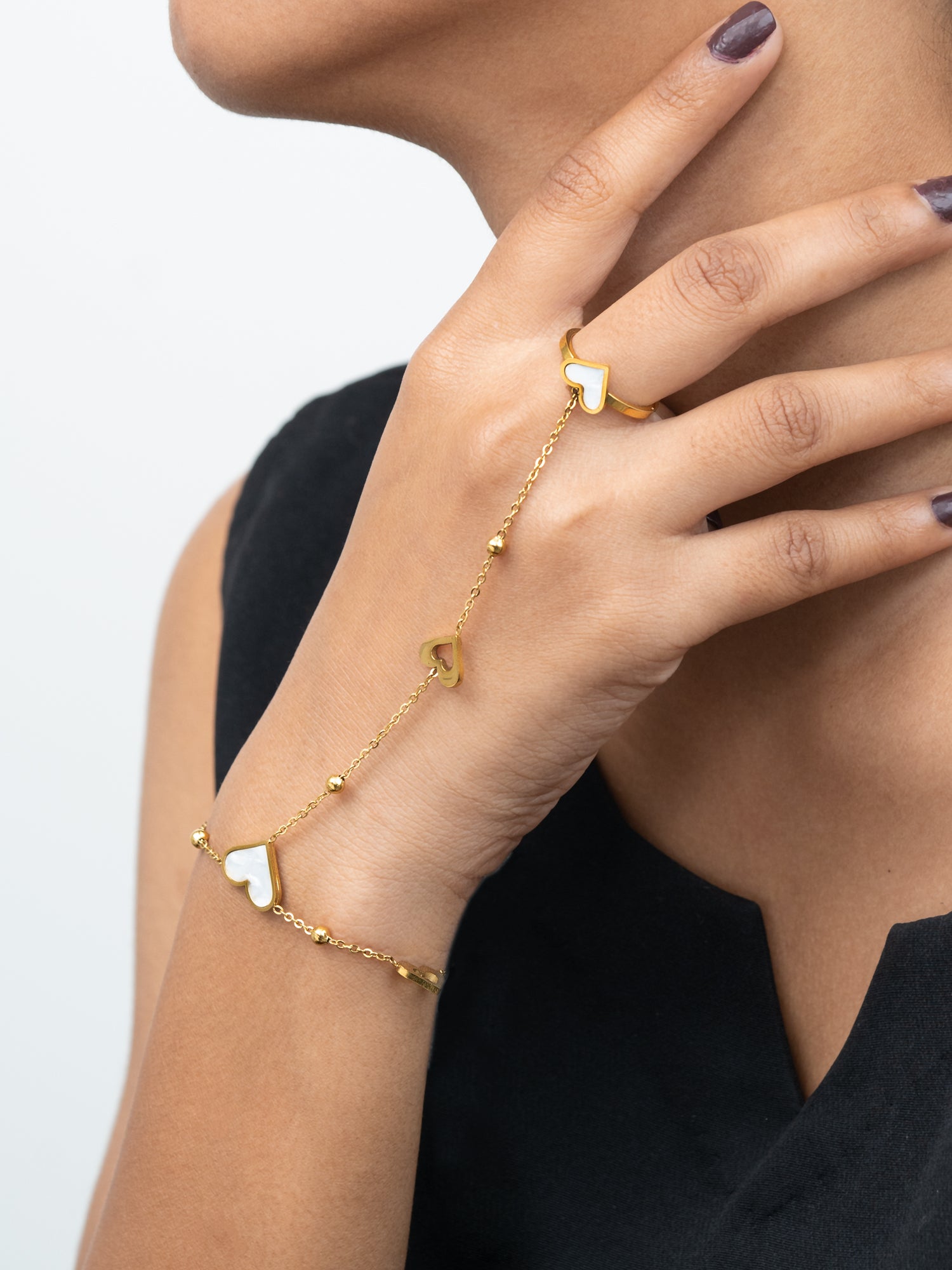 Artklim Heart Charm Chain Bracelet Ring (Anti-Tarnish)