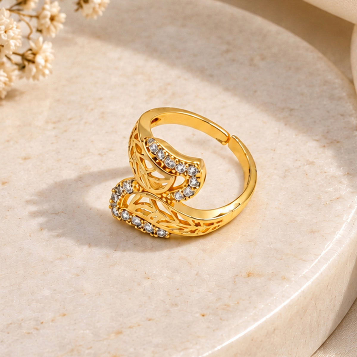 Artklim Elegant Openwork Crystal Gold-Tone Statement Anti-Tarnish Ring