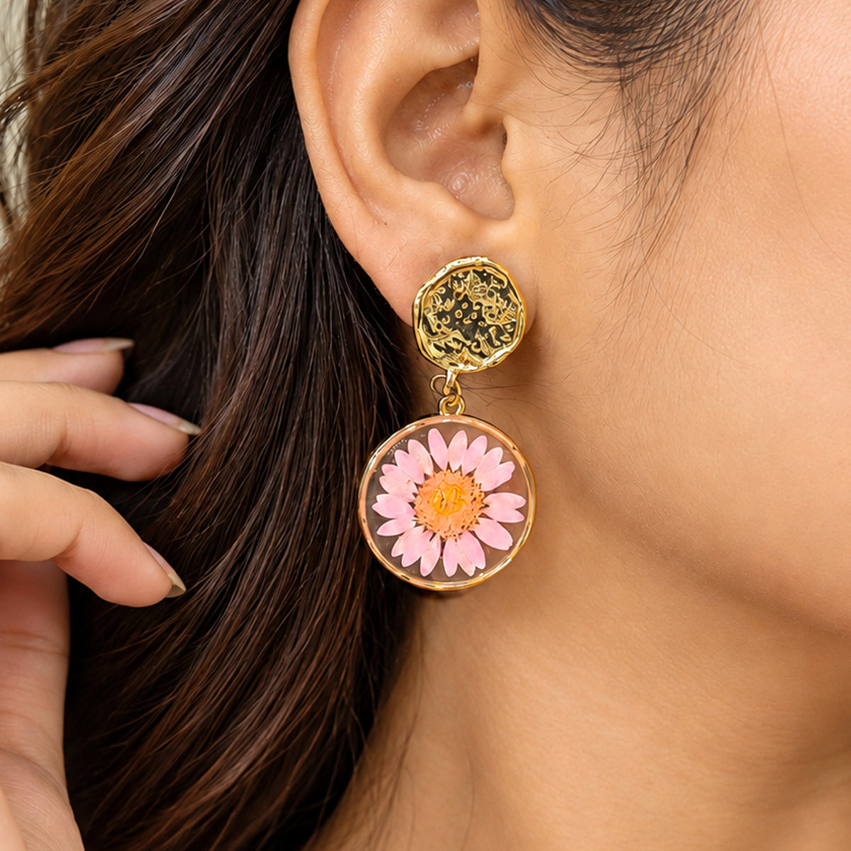 Artklim Elegant Pink Floral Gold-Tone Anti-Tarnish Earring