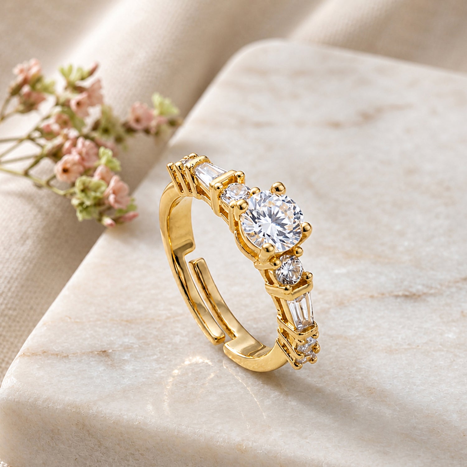 Artklim Classic Solitaire with Side Baguette Gold Anti-Tarnish Ring