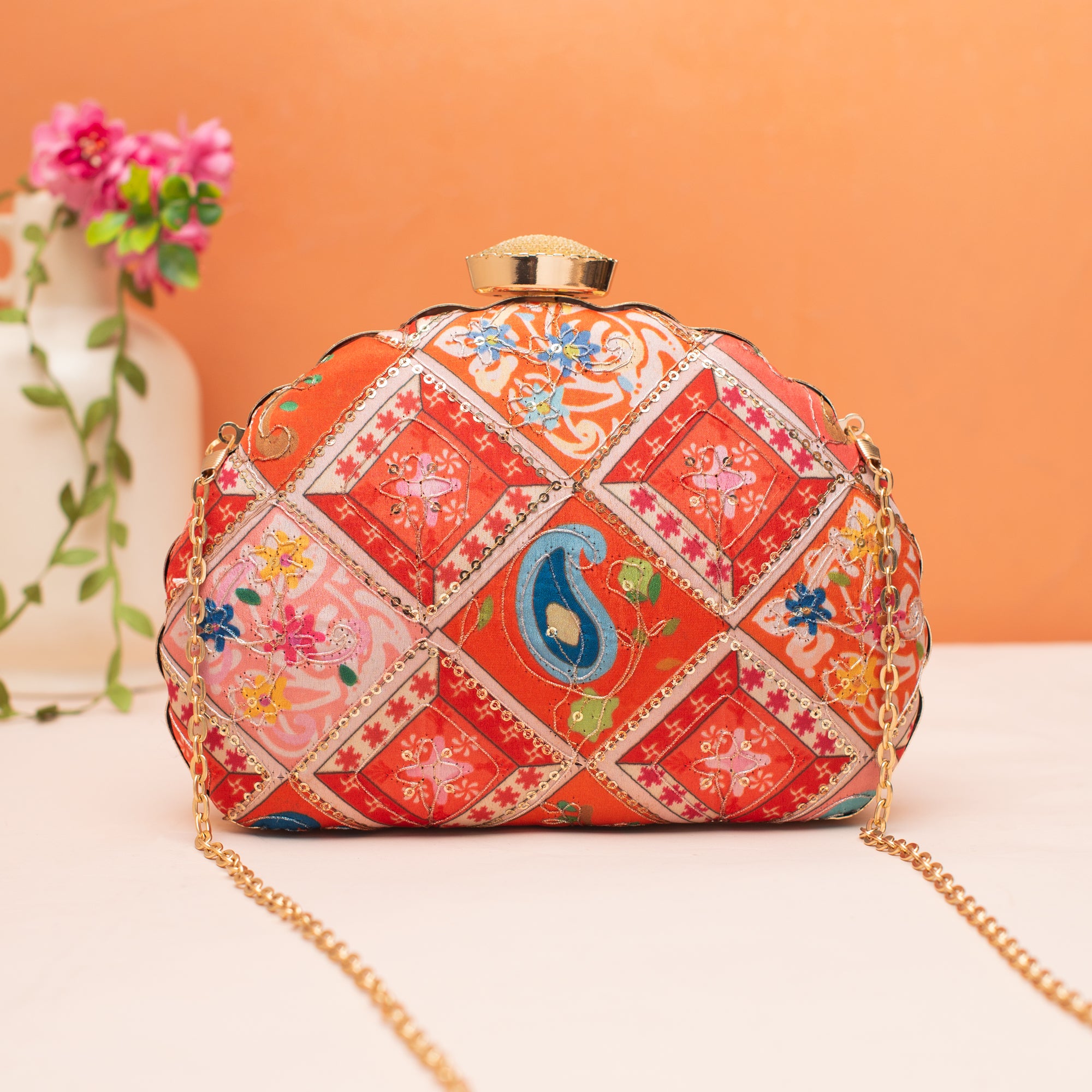 Artklim Multicoloured Sequins Embroidery D- Shape Clutch
