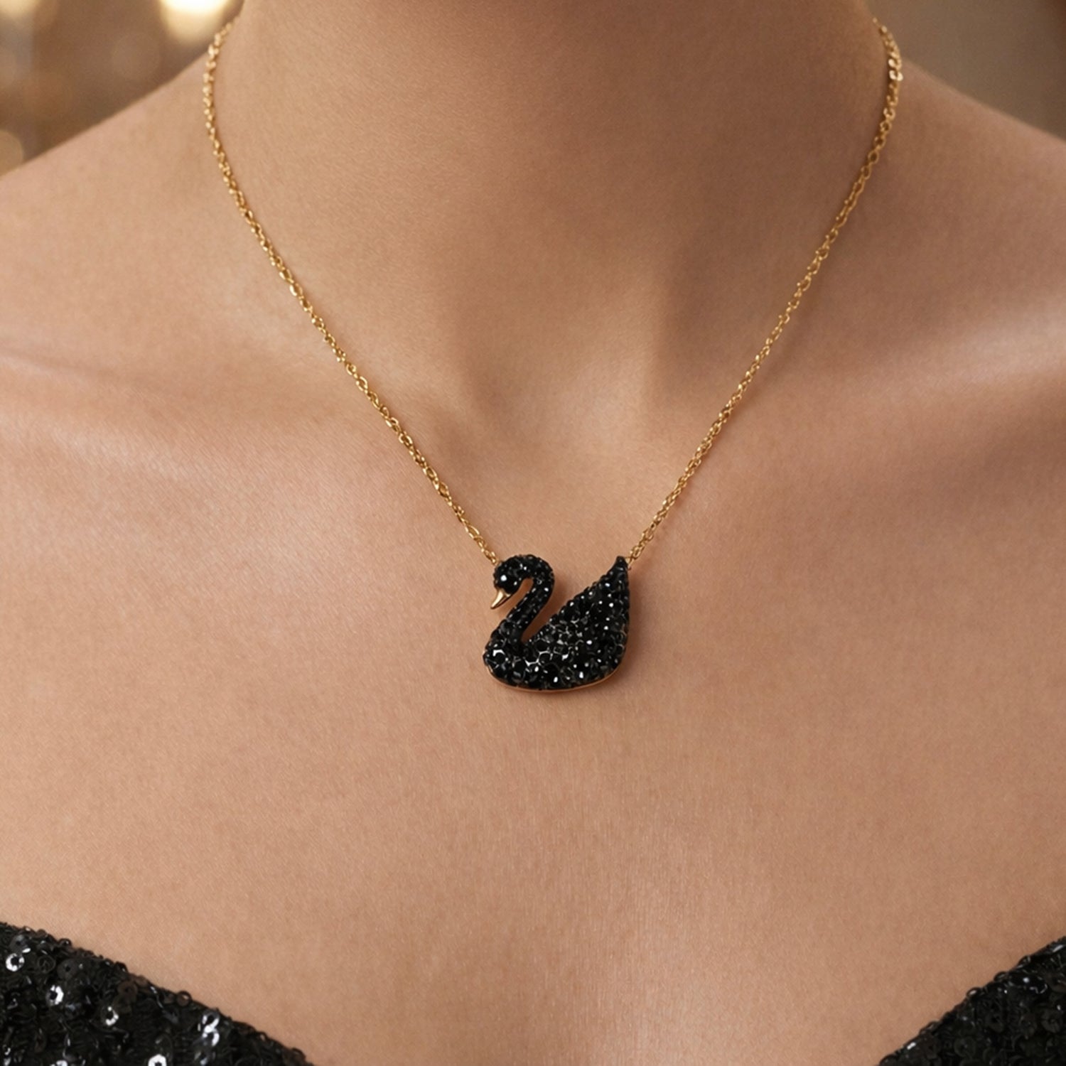 Artklim Gold-Plated Elegant Black Swan Charm Anti-Tarnish Pendant Necklace