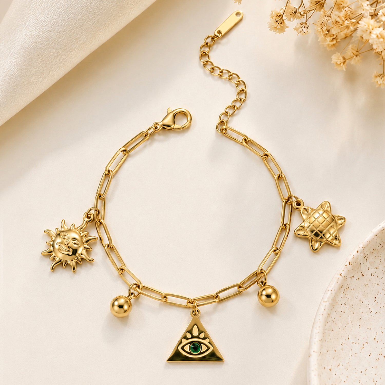 Artklim Mystic Evil Eye Sun Star Charm Gold-Tone Anti-Tarnish Bracelet