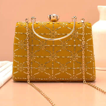 Artklim Mustard Yellow Sequins Embroidery Clutch