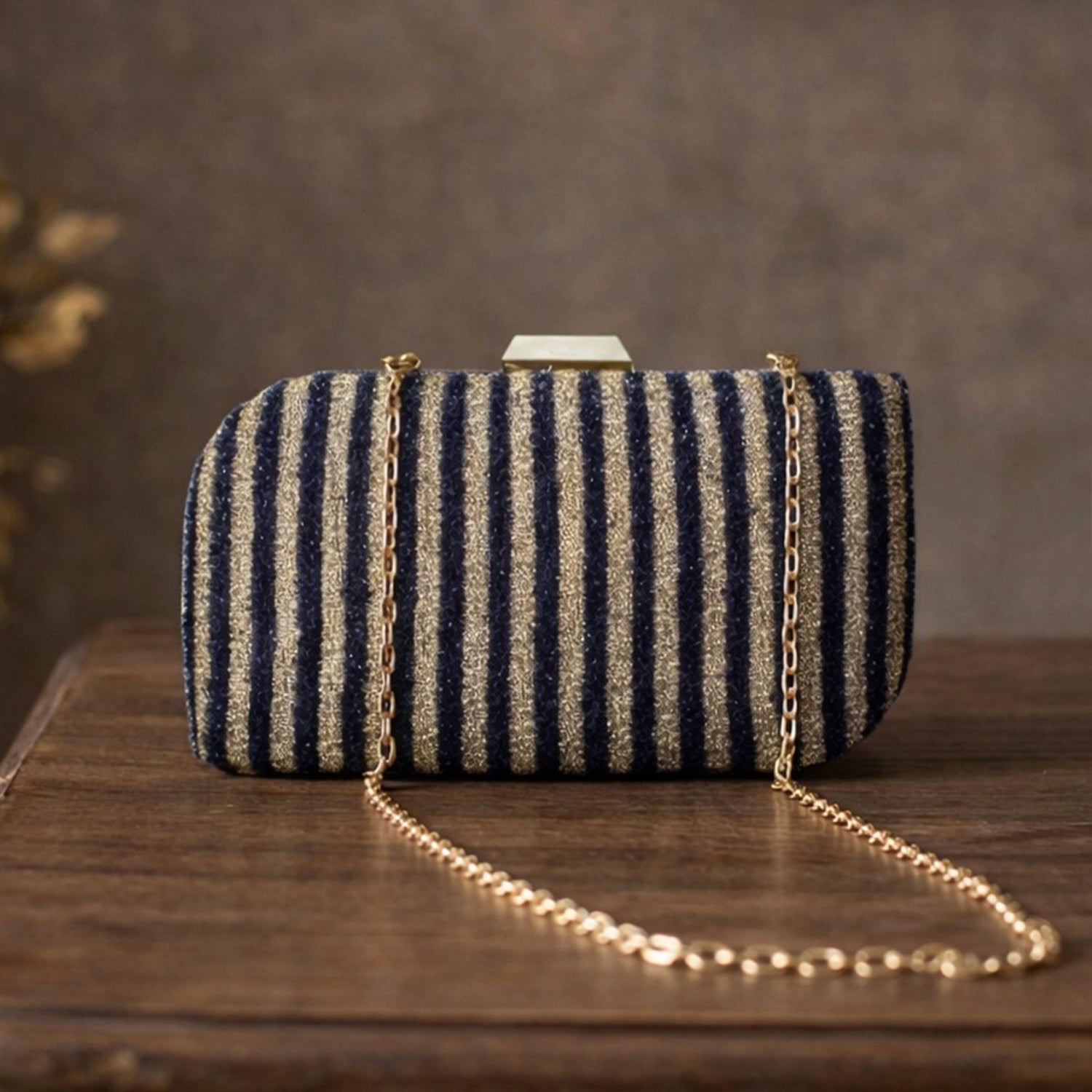 Artklim Navy Blue & Gold Striped Glitter Embroidery Clutch