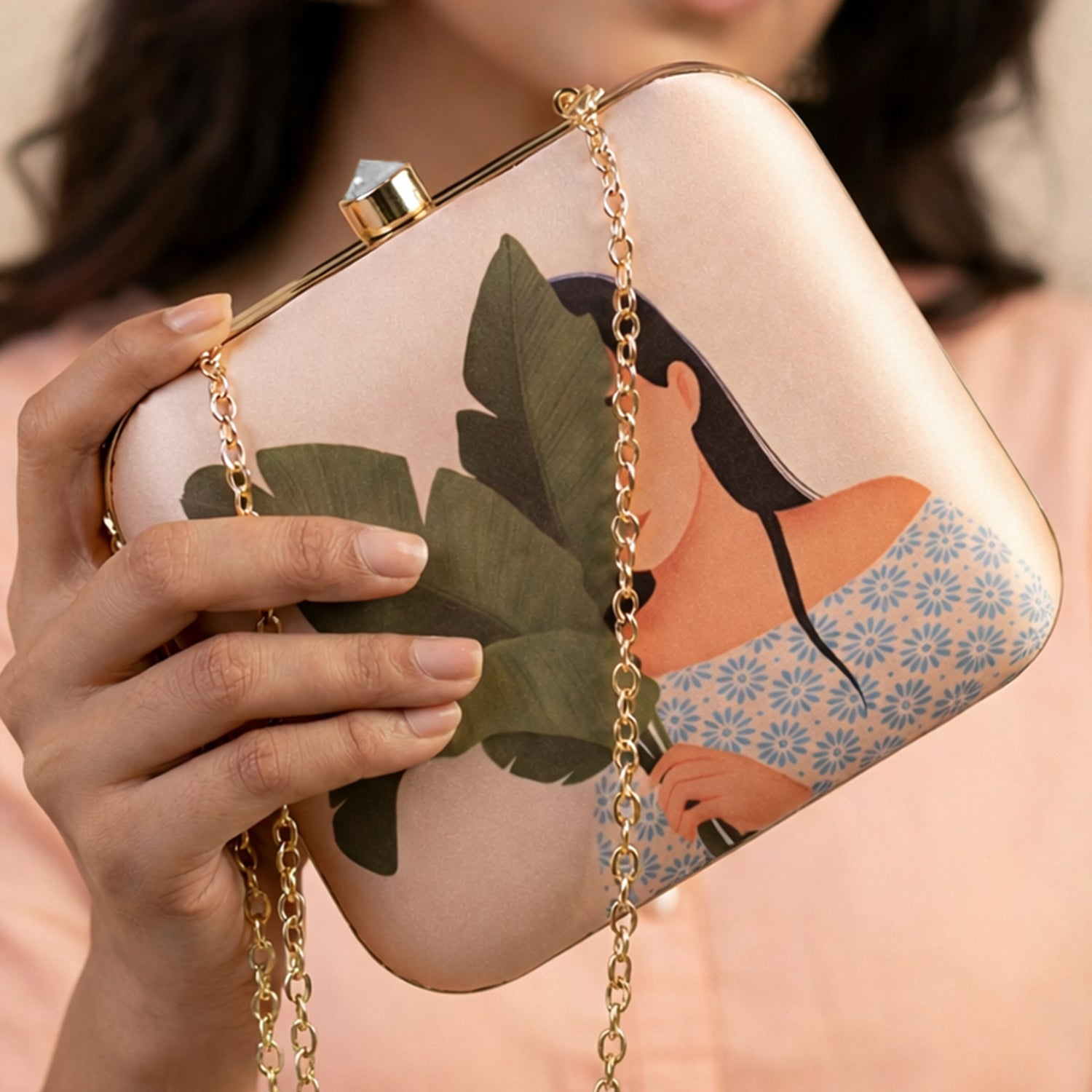 Artklim Beige Based Leaf Girl Portrait Printed Clutch