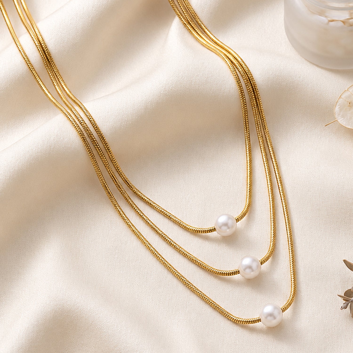Artklim Triple Pearl Snake Chain Gold Anti-Tarnish Pendant Necklace