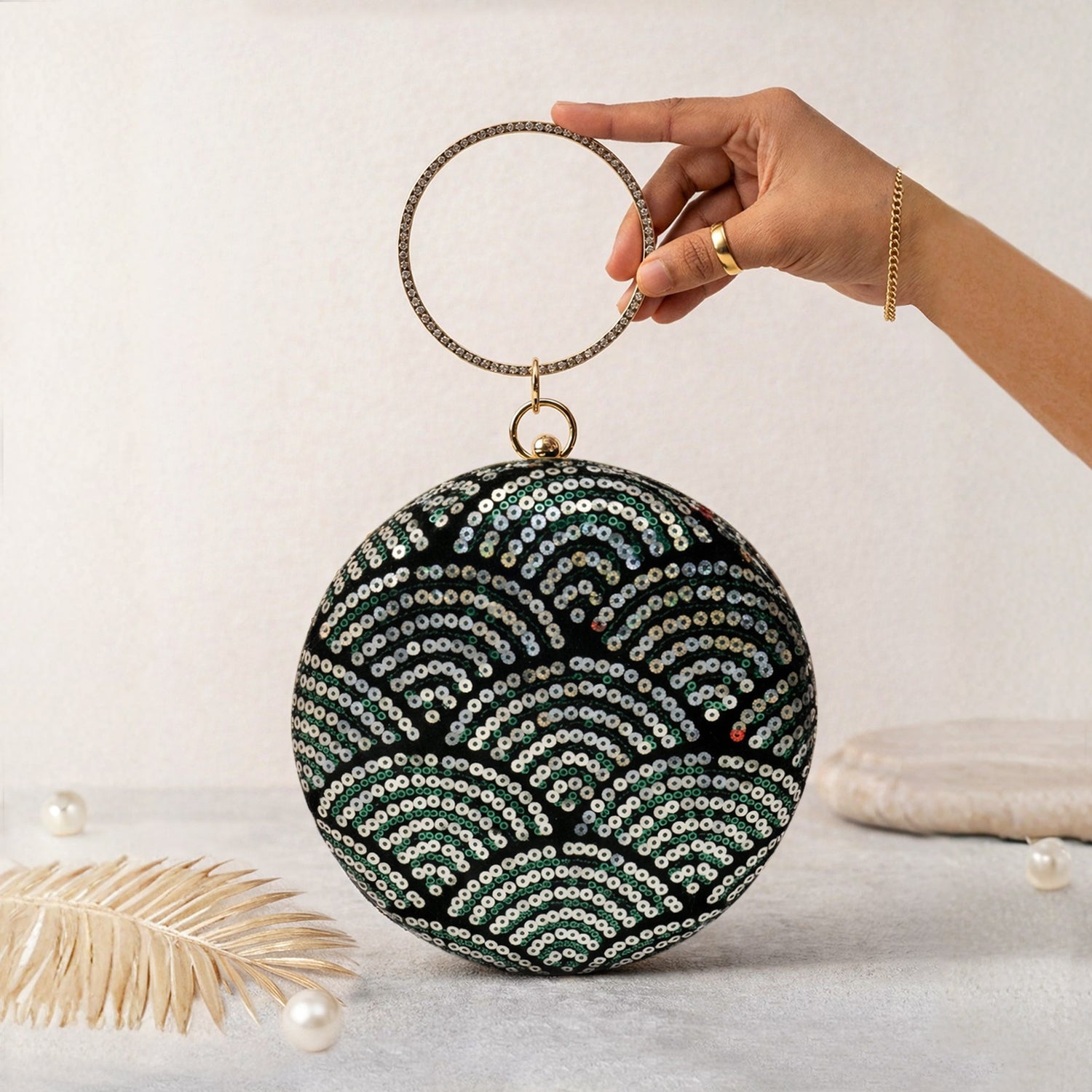 Artklim Stylish Green & Gold Sequin Embroidery Clutch