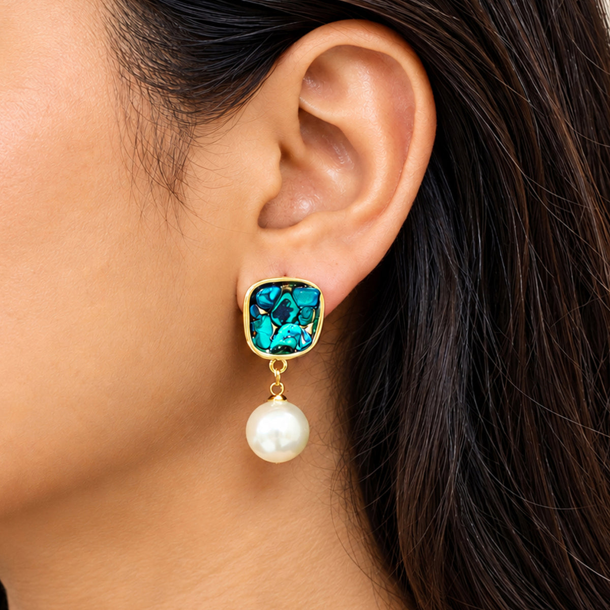 Artklim Elegant Blue Stone Pearl Gold-Tone Anti-Tarnish Earring