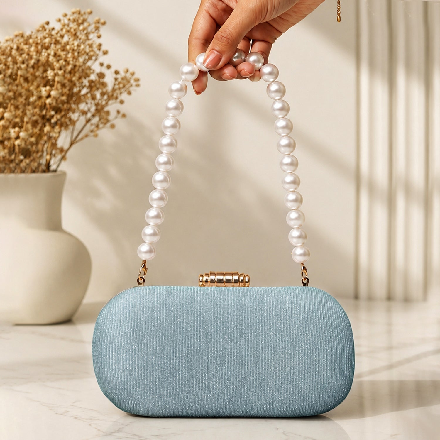 Artklim Sky Blue Shimmer Pearl Handle Embroidery Clutch