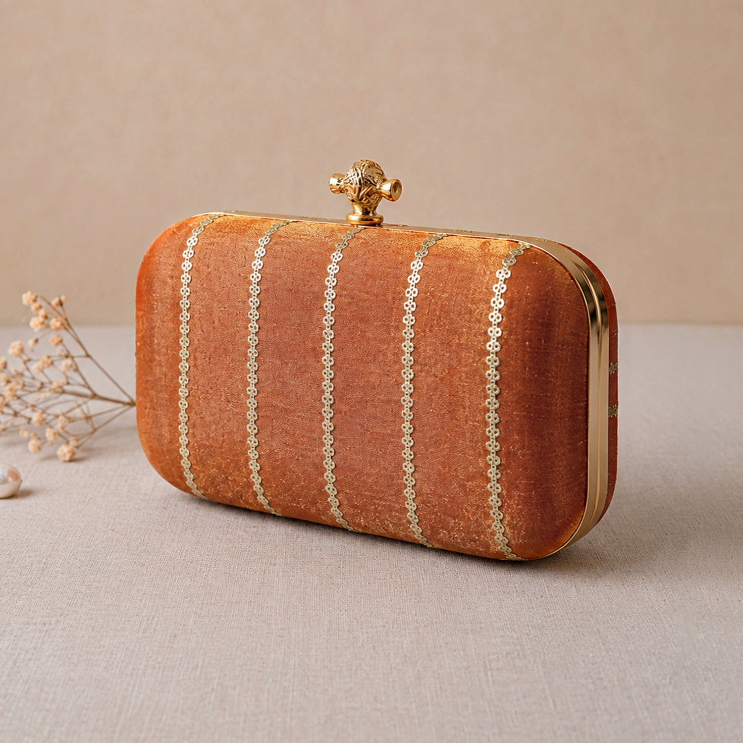 Artklim Elegant Orange Satin Embroidered Clutch