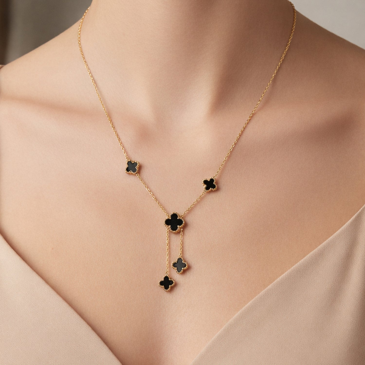 Artklim Gold-Plated Elegant Black Floral Drop Anti-Tarnish Necklace
