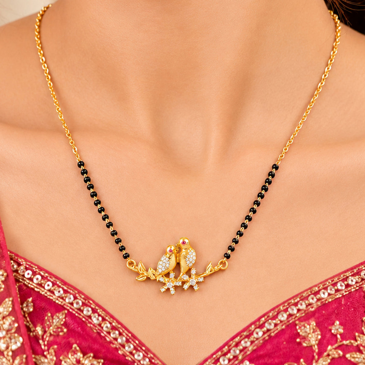 Artklim Royal Twin Peacock Design Gold-Plated CZ Mangalsutra with Black Beads