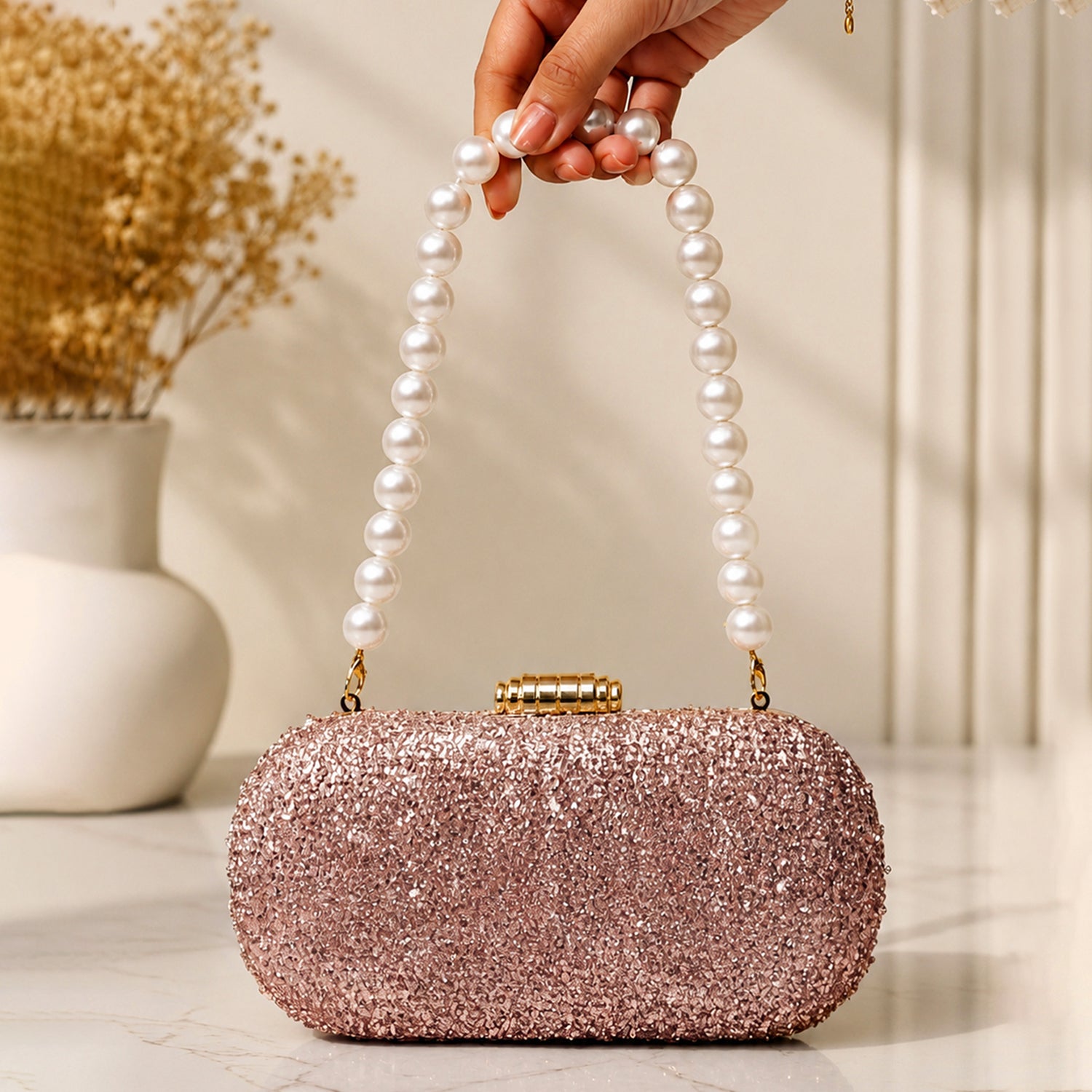 Artklim Rose Gold Glitter Luxury Wedding Embroidery Clutch