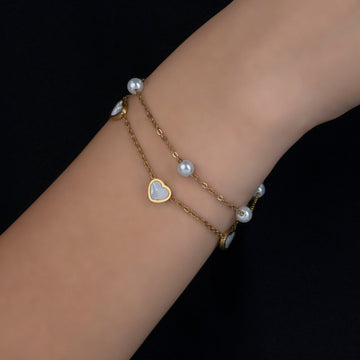 Artklim Gold Plated White MOP Hearts And Pearl Chain Bracelet