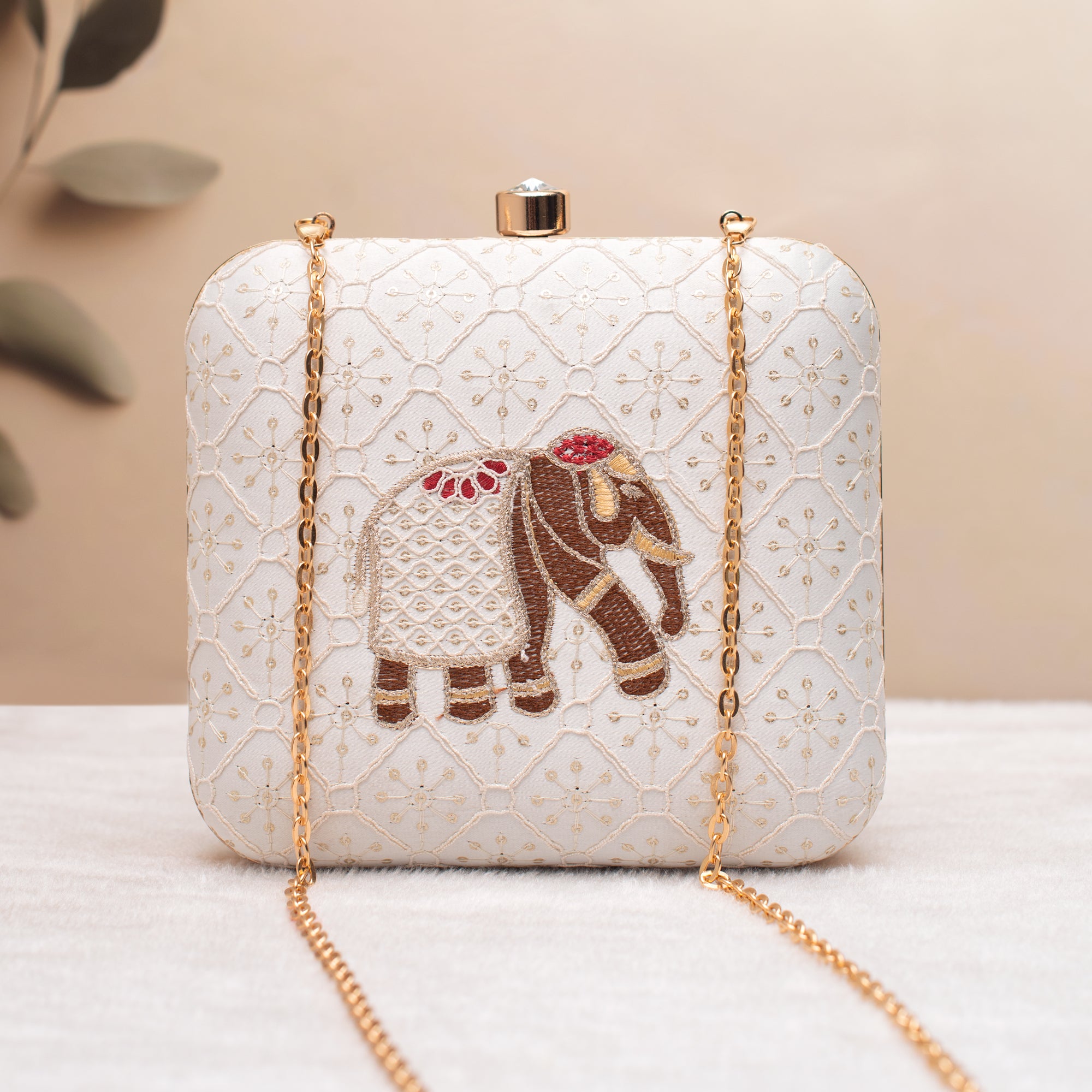 Artklim White with Brown - Red Colour Embroidery Clutch