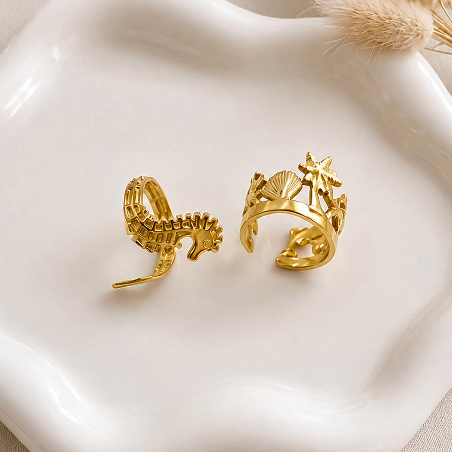 Artklim Seahorse & Ocean Charm Pair Adjustable Anti-Tarnish Ring Set