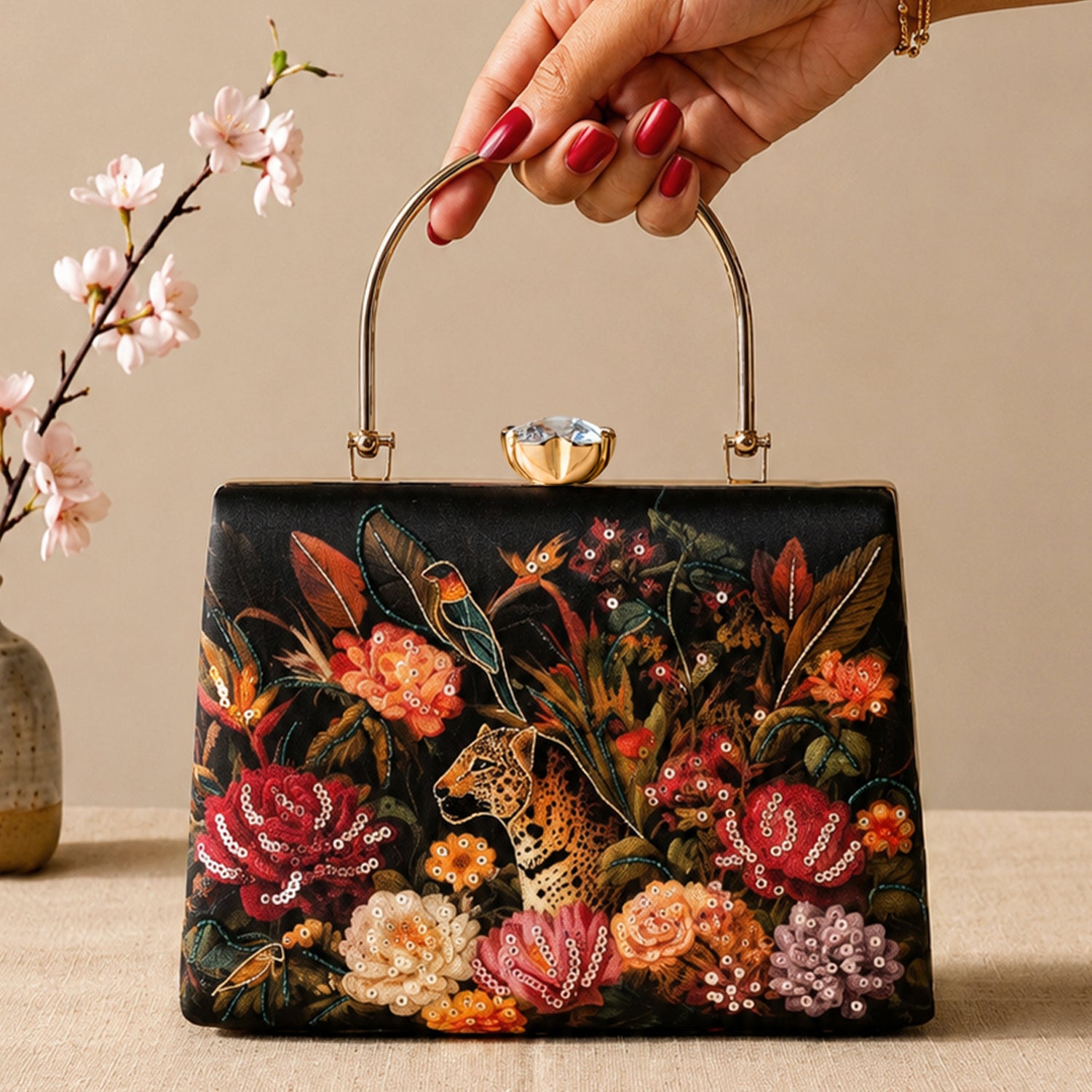 Artklim Printed Wild Garden Leopard Artistic Luxury Clutch with Hand Embroidery