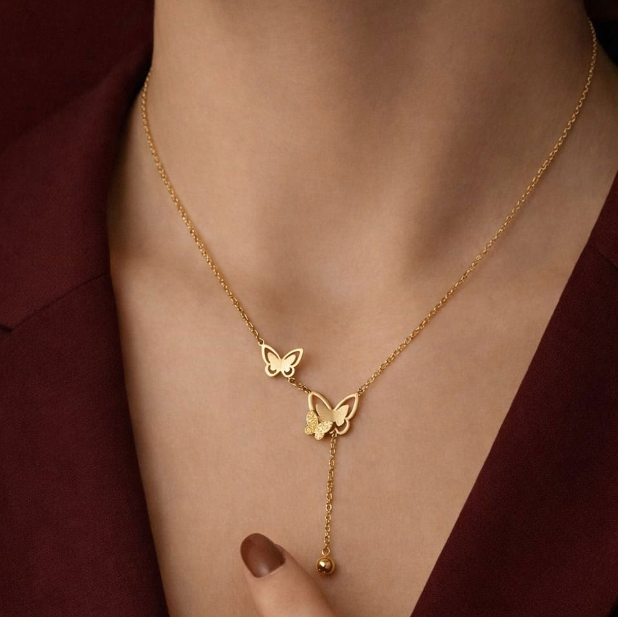 Artklim Gold-Plated Elegant Butterfly Drop Anti-Tarnish Pendant Necklace