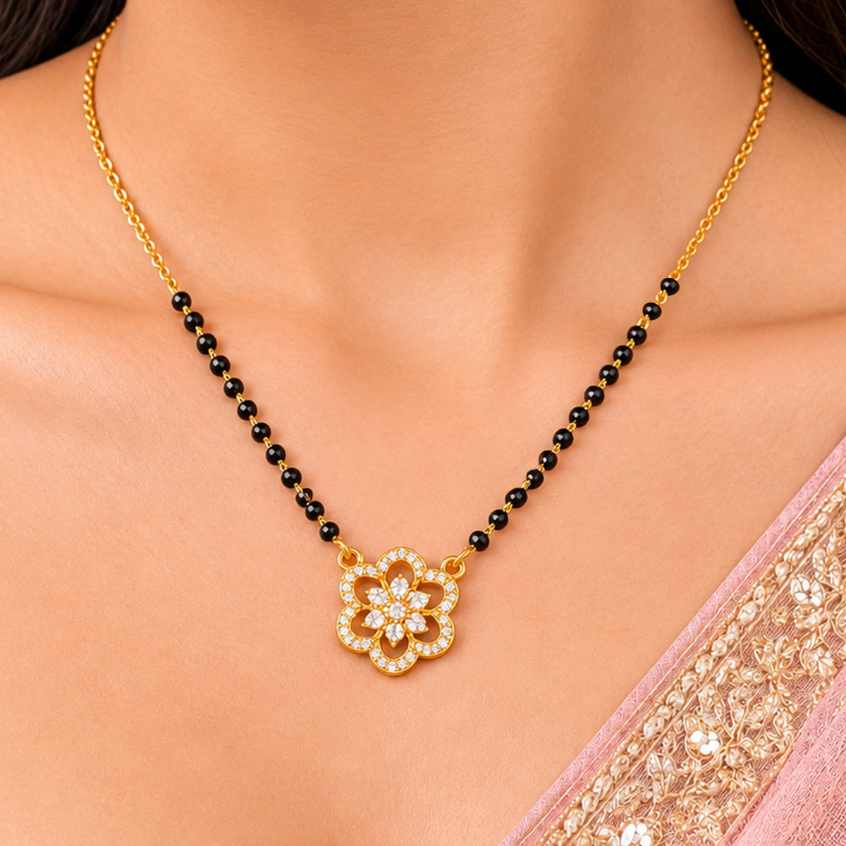 Artklim Beautiful Floral CZ Stone Gold-Plated Mangalsutra with Black Beads