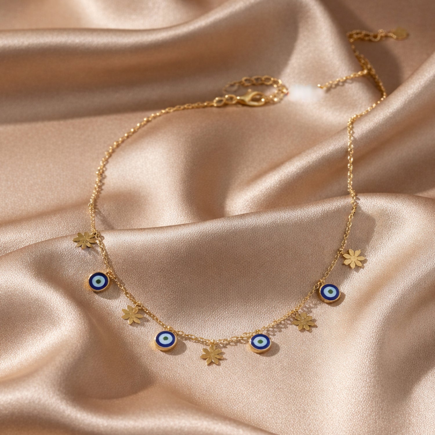 Artklim Gold-Plated Evil Eye & Floral Charm Anti-Tarnish Necklace