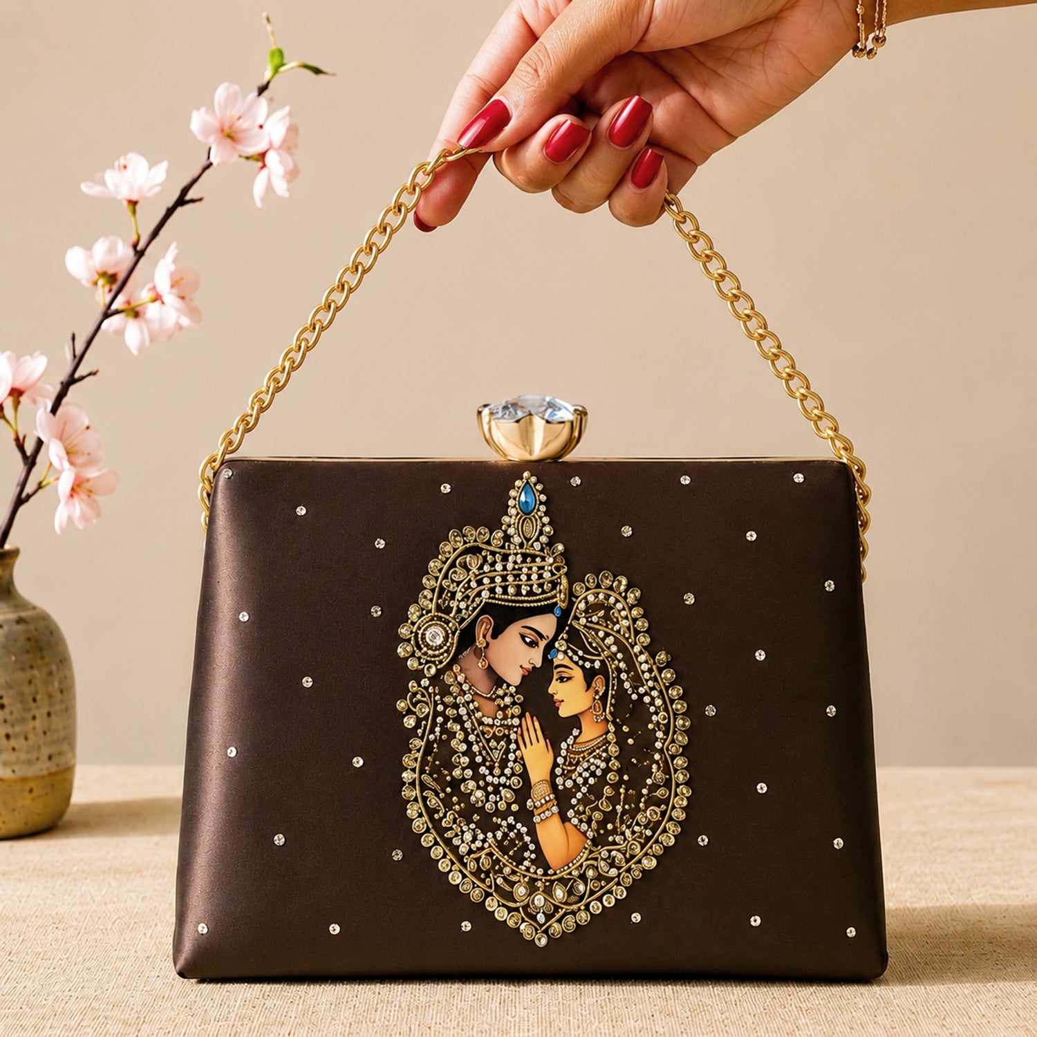 Artklim Printed Ethnic Radha Krishna Pearl Work Clutch with Hand Embroidery