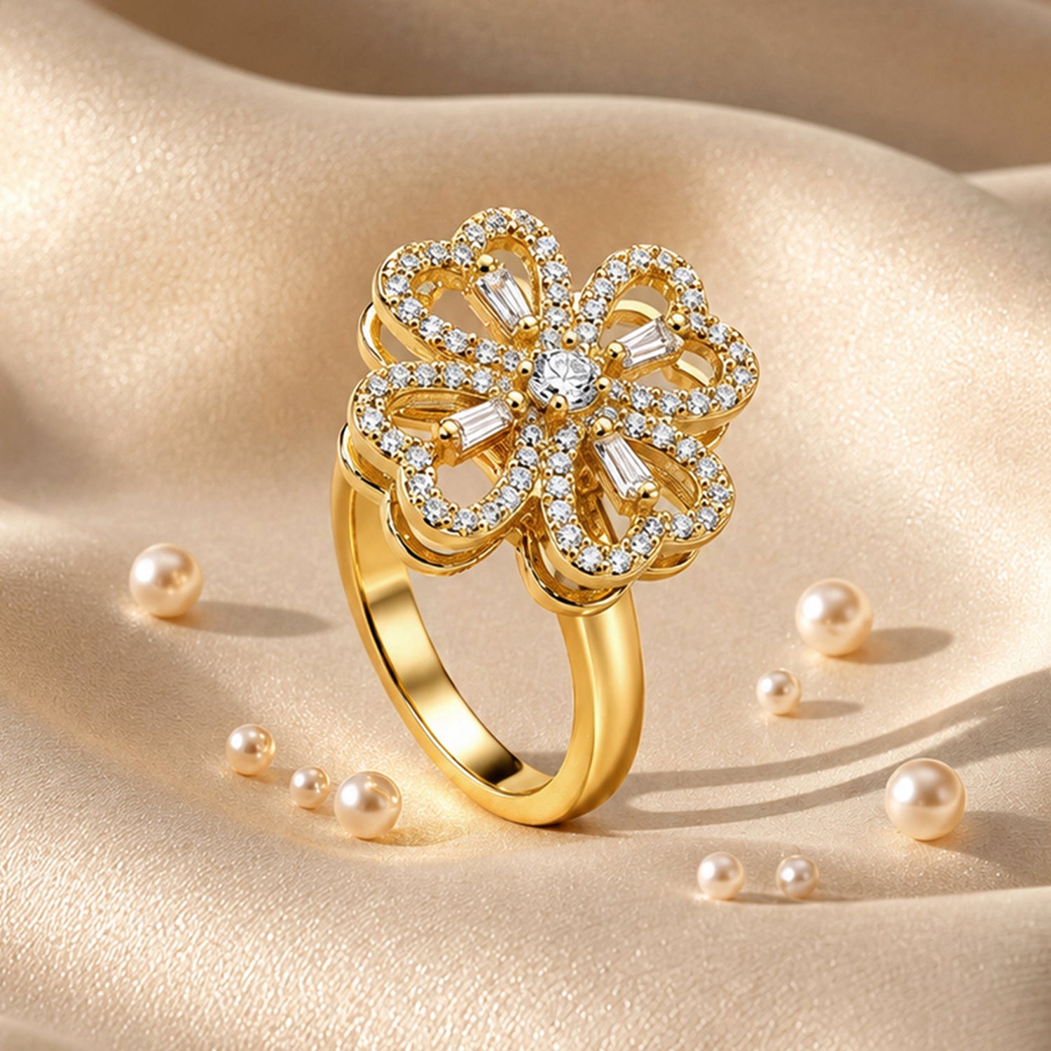 Artklim Gold Revolving Clover Flower Adjustable Anti-Tarnish Copper Ring