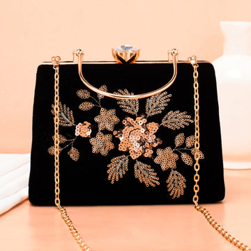 Artklim Black Based Floral Sequins Embroidery Ethnic Clutch