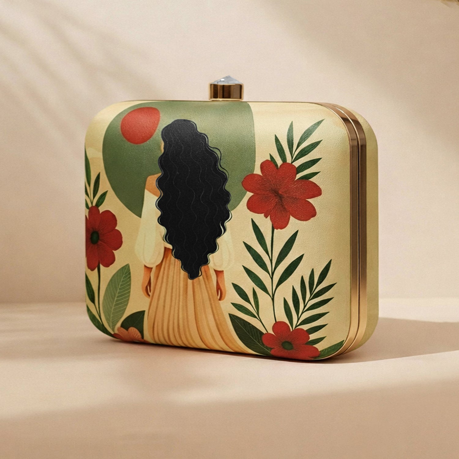 Artklim Beige Based Curly Hair Woman Portrait Printed Clutch