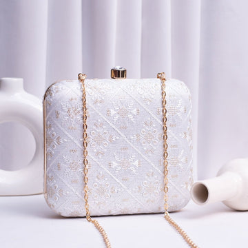 Artklim White Based Sequins And Threadwork Embroidery Clutch