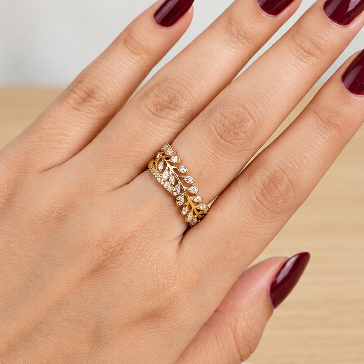 Artklim Elegant Leaf Vine Crystal Gold-Tone Statement Anti-Tarnish Ring